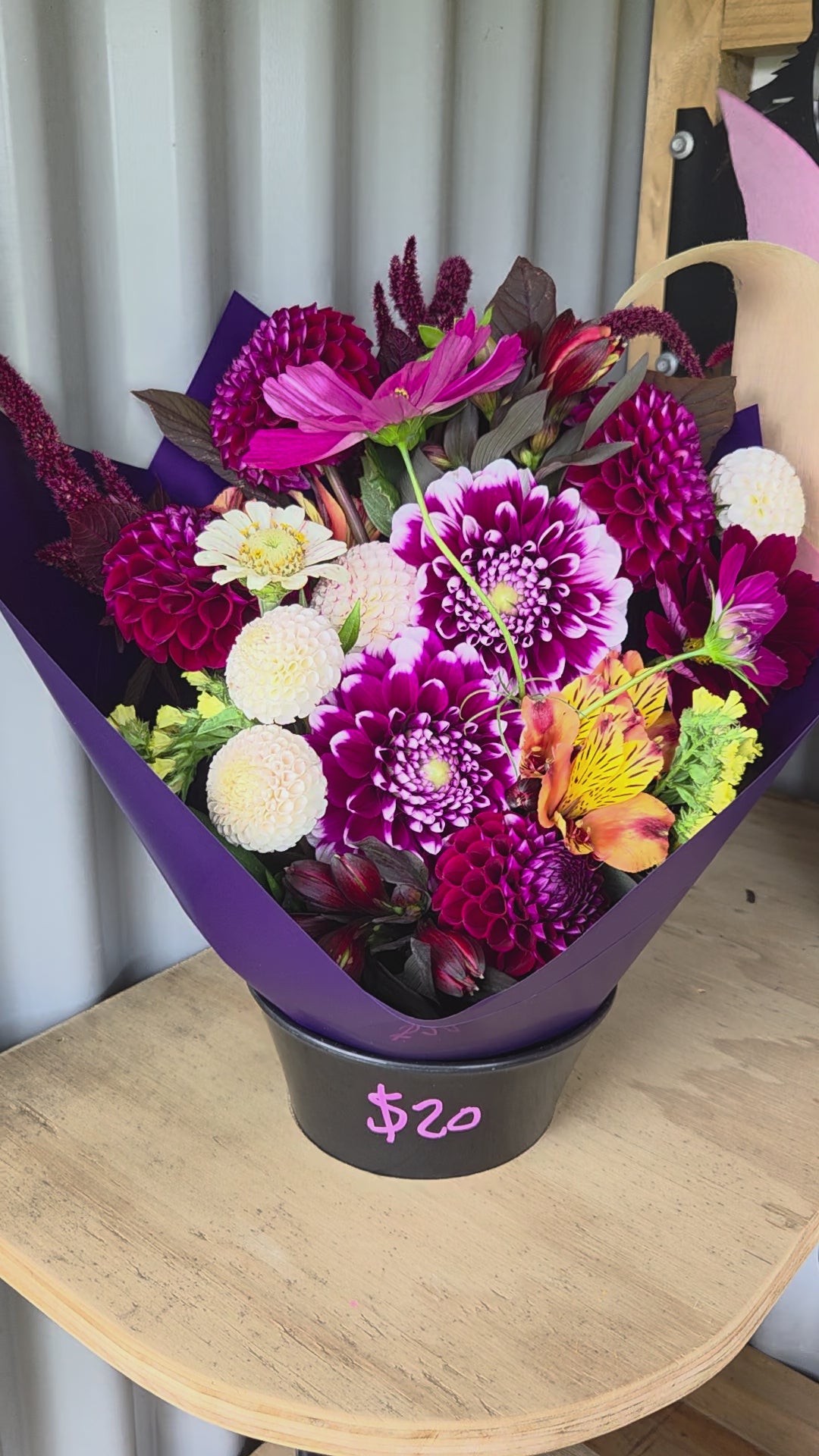 Load video: A beautiful selection of flowers on for sale at Farmgate Flowers flower bar.